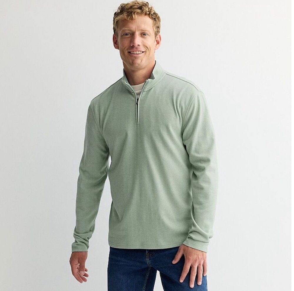 Sonoma Quarter Zip Pullover Mens Size Small Olive Herringbone New With Tags
